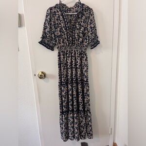 Max Studio Floral Print Tiered Smocked Midi Boho Dress Medium